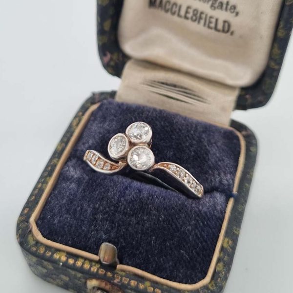 Edwardian Antique Diamond Trefoil Engagement Ring in Platinum and 18ct Yellow Gold