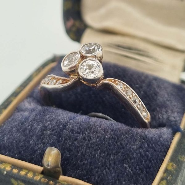 Edwardian Antique Diamond Trefoil Engagement Ring in Platinum and 18ct Yellow Gold