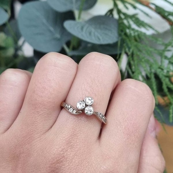 Edwardian Antique Diamond Trefoil Engagement Ring in Platinum and 18ct Yellow Gold