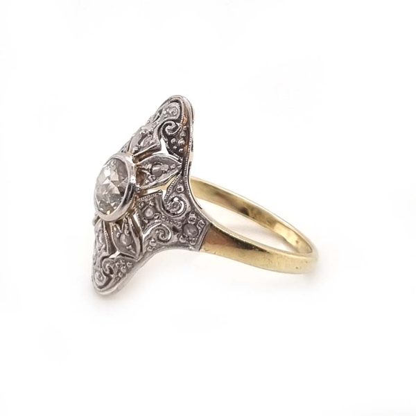 Edwardian Antique 0.60ct Old Cut Diamond Cluster Plaque Ring, with intricate pierced scrolled rose-cut diamond surround in platinum to 15ct yellow gold