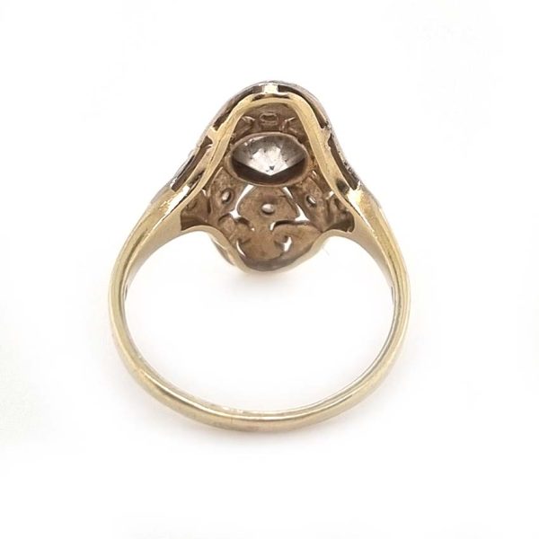 Edwardian Antique 0.60ct Old Cut Diamond Cluster Plaque Ring, with intricate pierced scrolled rose-cut diamond surround in platinum to 15ct yellow gold