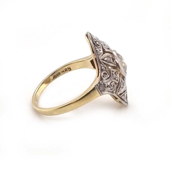 Edwardian Antique 0.60ct Old Cut Diamond Cluster Plaque Ring, with intricate pierced scrolled rose-cut diamond surround in platinum to 15ct yellow gold