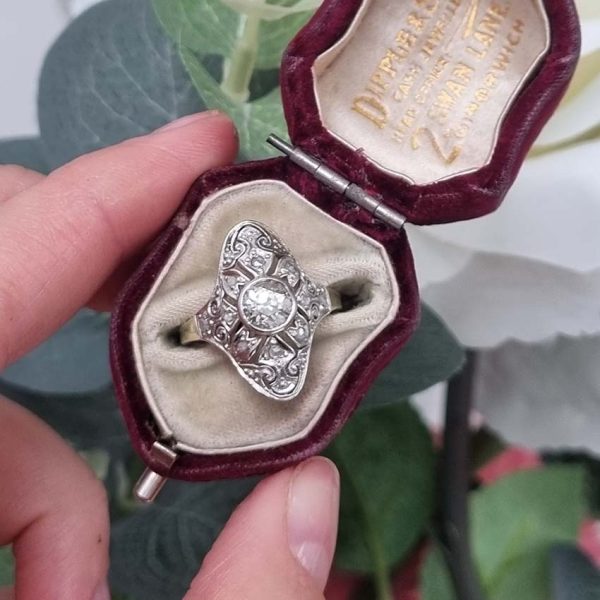 Edwardian Antique 0.60ct Old Cut Diamond Cluster Plaque Ring, with intricate pierced scrolled rose-cut diamond surround in platinum to 15ct yellow gold