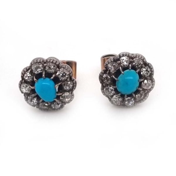 Antique Turquoise and Diamond Cluster Stud Earrings, cabochon Persian turquoise surrounded by 0.50cts old-cut diamonds in silver to 18ct gold. Circa 1880