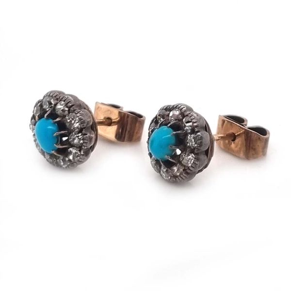 Victorian Antique Cabochon Persian Turquoise and Old Cut Diamond Cluster Stud Earrings. Circa 1880