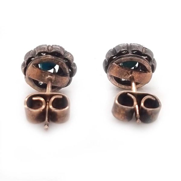 Victorian Antique Cabochon Persian Turquoise and Old Cut Diamond Cluster Stud Earrings. Circa 1880