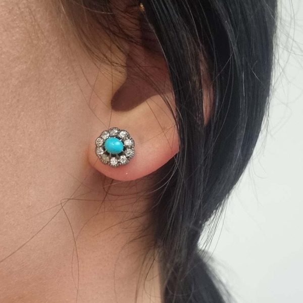 Victorian Antique Cabochon Persian Turquoise and Old Cut Diamond Cluster Stud Earrings. Circa 1880