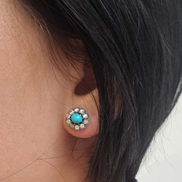 Victorian Antique Cabochon Persian Turquoise and Old Cut Diamond Cluster Stud Earrings. Circa 1880