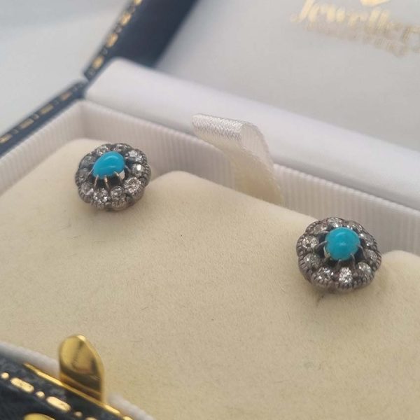 Victorian Antique Cabochon Persian Turquoise and Old Cut Diamond Cluster Stud Earrings. Circa 1880