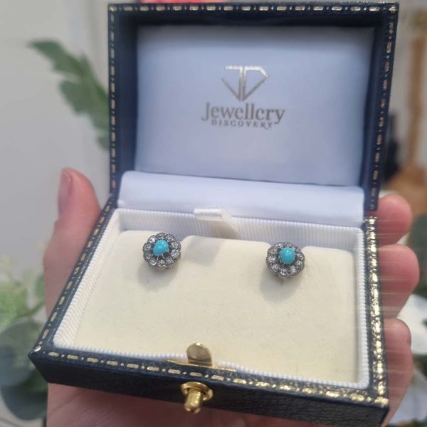 Antique Cabochon Persian Turquoise and Old Cut Diamond Cluster Stud Earrings. Circa 1880