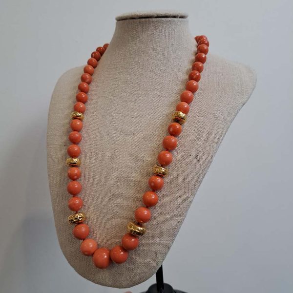 Antique Orange Pink Red Japanese Momo Coral and Gold Graduated Bead Necklace