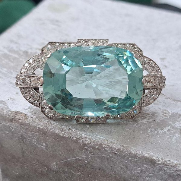 Large Art Deco 67.15ct Oval Aquamarine and 2ct Old Cut Diamond Cluster Brooch in 18ct White Gold