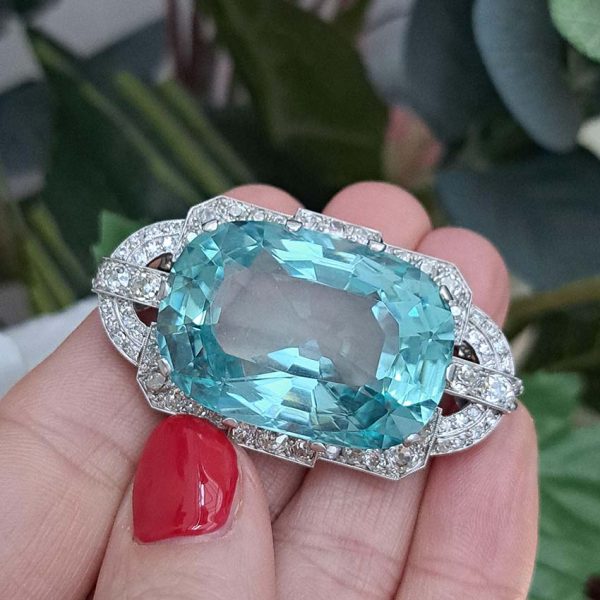 Large Art Deco 67.15ct Oval Aquamarine and 2ct Old Cut Diamond Cluster Brooch in 18ct White Gold