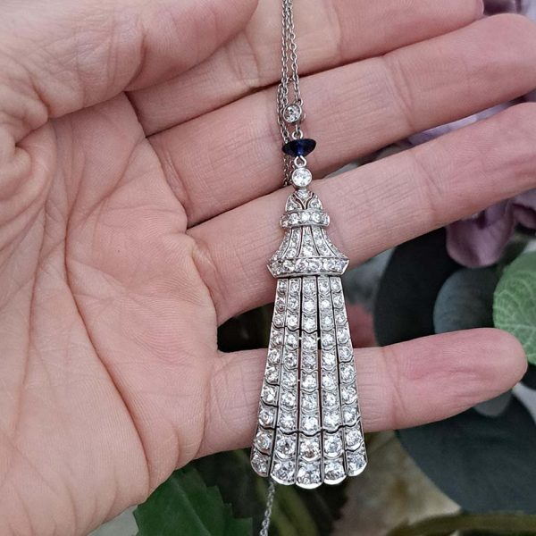 Antique Belle Epoque 3ct Old Cut Diamond Fringe Pendant in Platinum with Sapphire
