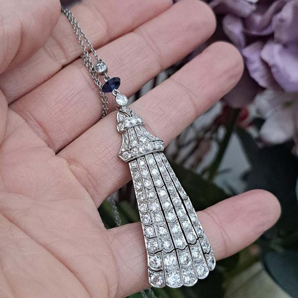 Antique Belle Epoque 3ct Old Cut Diamond Fringe Pendant in Platinum with Sapphire