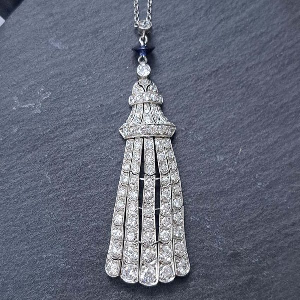 Antique Belle Epoque 3ct Old Cut Diamond Fringe Pendant in Platinum with Sapphire