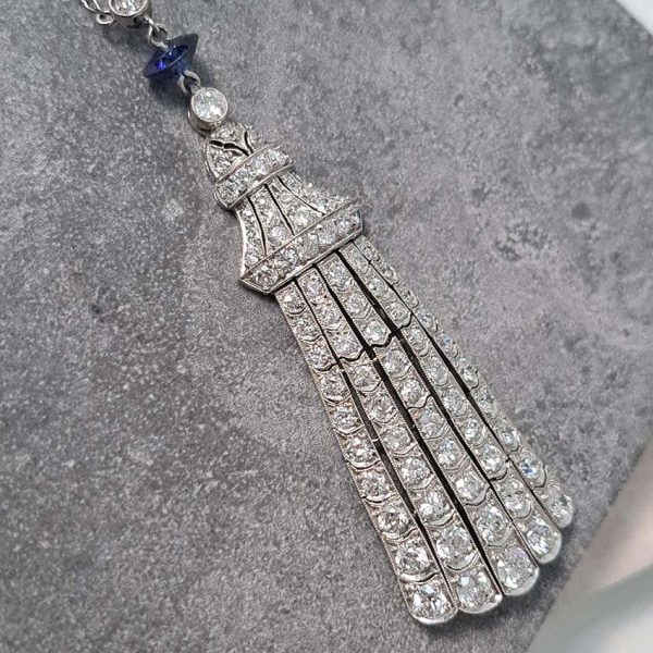 Antique Belle Epoque 3ct Old Cut Diamond Fringe Pendant in Platinum with Sapphire