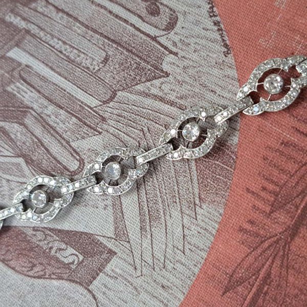 Antique French 2ct Diamond Cluster Link Bracelet, floral quatrefoil links set with an estimated 2 carats of old-cut diamonds in platinum and 18ct white gold