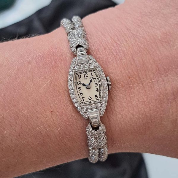 Art Deco Tiffany and Co Diamond Cocktail Watch, vintage Tiffany & Co ladies platinum watch set throughout with sparkling eight-cut and single-cut diamonds with rope twist design bracelet strap