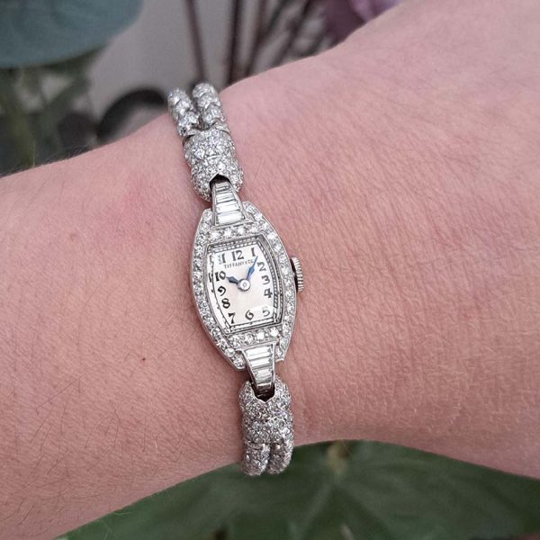 Art Deco Tiffany and Co Diamond Cocktail Watch, vintage Tiffany & Co ladies platinum watch set throughout with sparkling eight-cut and single-cut diamonds with rope twist design bracelet strap