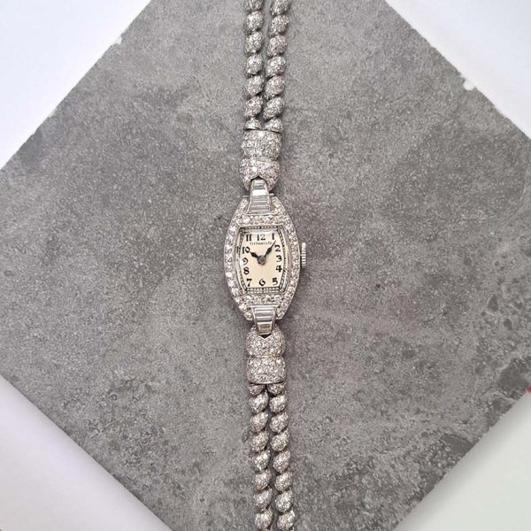 Art Deco Tiffany and Co Diamond Cocktail Watch, vintage Tiffany & Co ladies platinum watch set throughout with sparkling eight-cut and single-cut diamonds with rope twist design bracelet strap