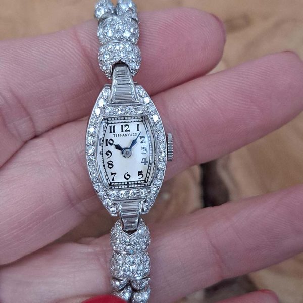 Art Deco Tiffany and Co Diamond Cocktail Watch, vintage Tiffany & Co ladies platinum watch set throughout with sparkling eight-cut and single-cut diamonds with rope twist design bracelet strap