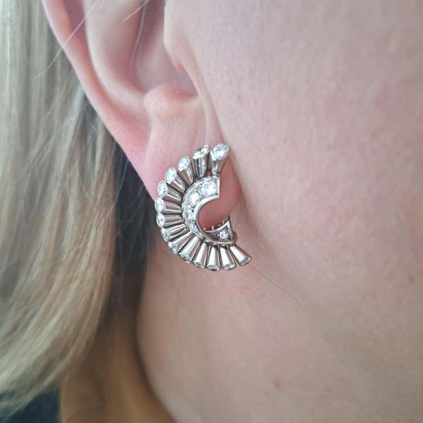 Vintage Van Cleef Arpels Diamond Spray Earrings, solid 18ct white gold spray design accented with 2cts diamonds set to the ends and inside curve. Signed and numbered NY 32918