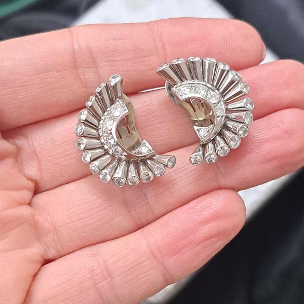 Vintage Van Cleef Arpels Diamond Spray Earrings, solid 18ct white gold spray design accented with 2cts diamonds set to the ends and inside curve. Signed and numbered NY 32918