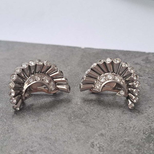 Vintage Van Cleef Arpels Diamond Spray Earrings, solid 18ct white gold spray design accented with 2cts diamonds set to the ends and inside curve. Signed and numbered NY 32918