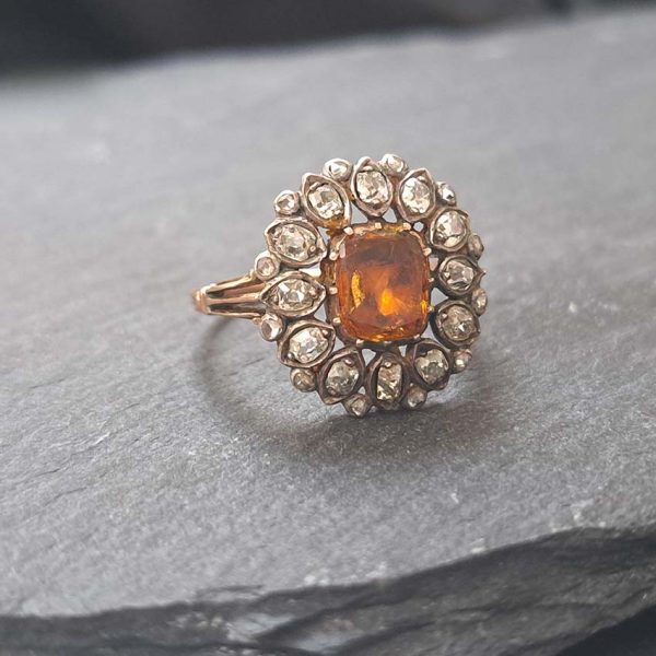 Georgian Victorian Antique Orange Topaz and Diamond Flower Cluster Ring