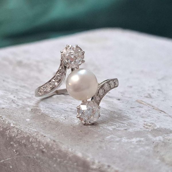 Antique Natural Pearl and Old Mine Cut Diamond Trilogy Three Stone Crossover Ring in 18ct White Gold