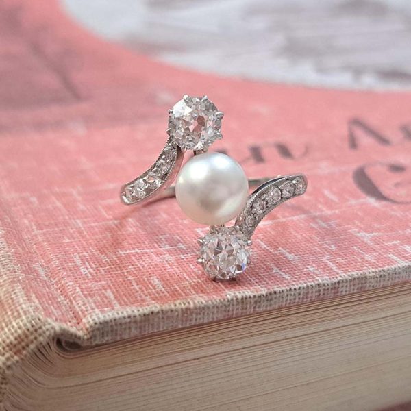 Antique Natural Pearl and Old Mine Cut Diamond Trilogy Three Stone Crossover Ring in 18ct White Gold