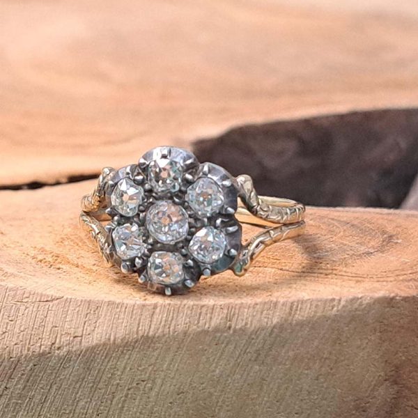Antique 0.80ct Old Mine Cut Diamond Flower Cluster Engagement Ring in Yellow Gold