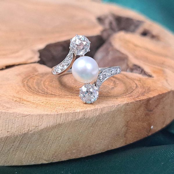 Antique Natural Pearl and Old Mine Cut Diamond Trilogy Three Stone Crossover Ring in 18ct White Gold