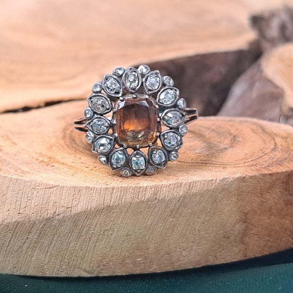Georgian Victorian Antique Orange Topaz and Diamond Flower Cluster Ring