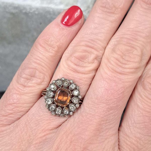 Georgian Victorian Antique Orange Topaz and Diamond Flower Cluster Ring
