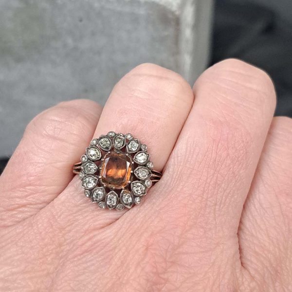 Georgian Victorian Antique Orange Topaz and Diamond Flower Cluster Ring
