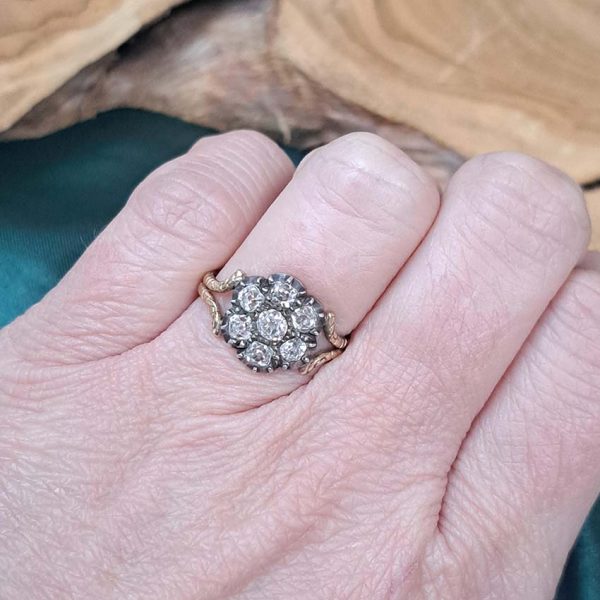 Antique 0.80ct Old Mine Cut Diamond Flower Cluster Engagement Ring in Yellow Gold