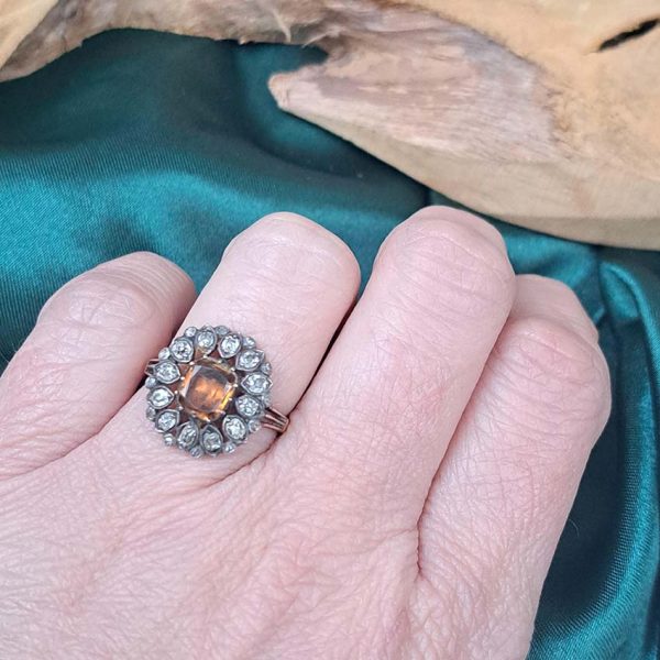 Georgian Victorian Antique Orange Topaz and Diamond Flower Cluster Ring