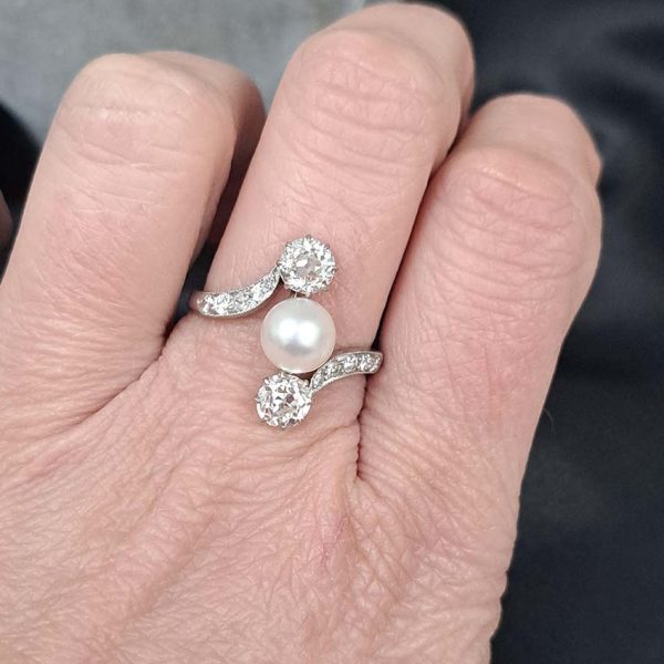Antique Natural Pearl and Old Mine Cut Diamond Trilogy Three Stone Crossover Ring in 18ct White Gold
