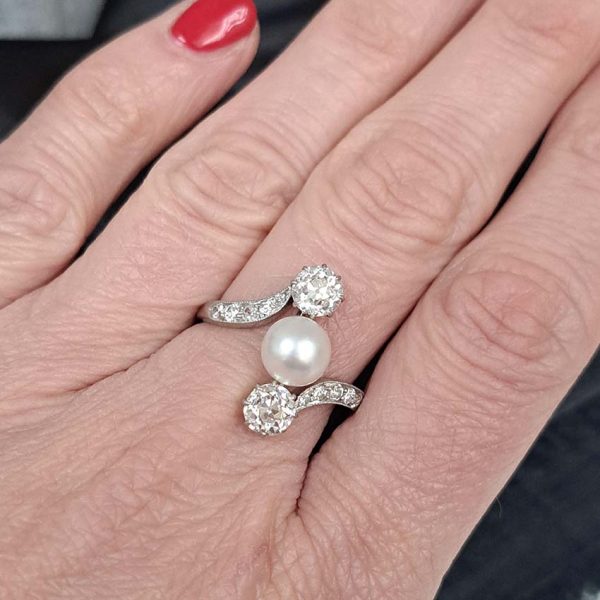 Antique Natural Pearl and Old Mine Cut Diamond Trilogy Three Stone Crossover Ring in 18ct White Gold