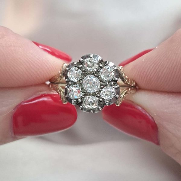 Antique 0.80ct Old Mine Cut Diamond Flower Cluster Engagement Ring in Yellow Gold