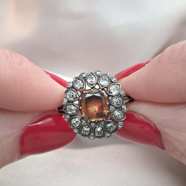 Georgian Victorian Antique Orange Topaz and Diamond Flower Cluster Ring