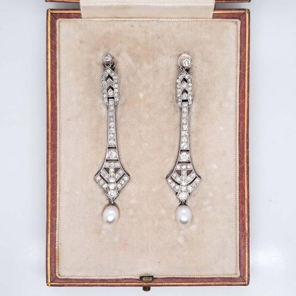 Antique Art Deco Natural Pearl and Diamond Drop Earrings in Platinum, 2 carat total