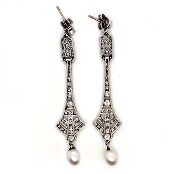 Antique Art Deco Natural Pearl and Diamond Drop Earrings in Platinum, 2 carat total