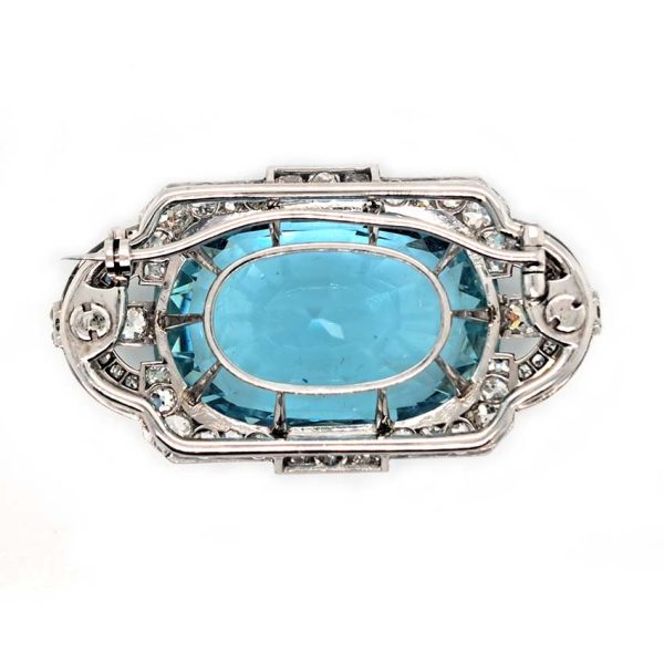 Large Art Deco 67.15ct Oval Aquamarine and 2ct Old Cut Diamond Cluster Brooch in 18ct White Gold