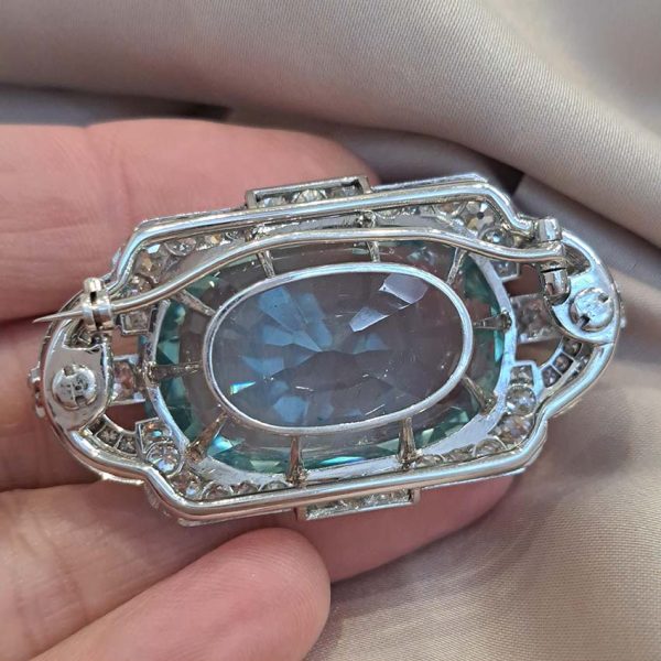 Large Art Deco 67.15ct Oval Aquamarine and 2ct Old Cut Diamond Cluster Brooch in 18ct White Gold