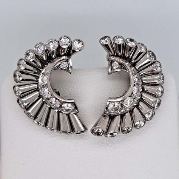 Vintage Van Cleef Arpels Diamond Spray Earrings, solid 18ct white gold spray design accented with 2cts diamonds set to the ends and inside curve. Signed and numbered NY 32918
