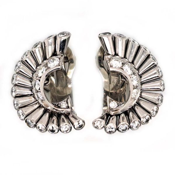 Vintage Van Cleef Arpels Diamond Spray Earrings, solid 18ct white gold spray design accented with 2cts diamonds set to the ends and inside curve. Signed and numbered NY 32918