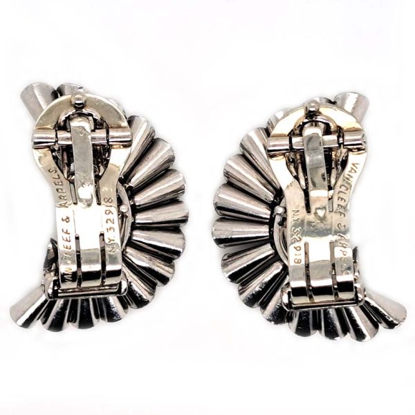 Vintage Van Cleef Arpels Diamond Spray Earrings, solid 18ct white gold spray design accented with 2cts diamonds set to the ends and inside curve. Signed and numbered NY 32918
